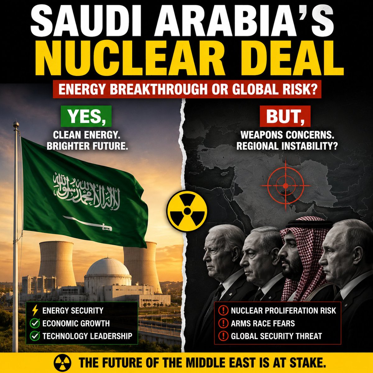 redscrollers's tweet photo. ⚛️ THE NEXT NUCLEAR POWER?
Saudi Arabia and the U.S. are moving toward a major nuclear cooperation agreement.

Supporters say:
✅ Energy independence
✅ Technology growth
✅ Economic development

Critics warn:
⚠️ Enrichment technology could raise proliferation concerns https://t.co/kXhnjgnSaV