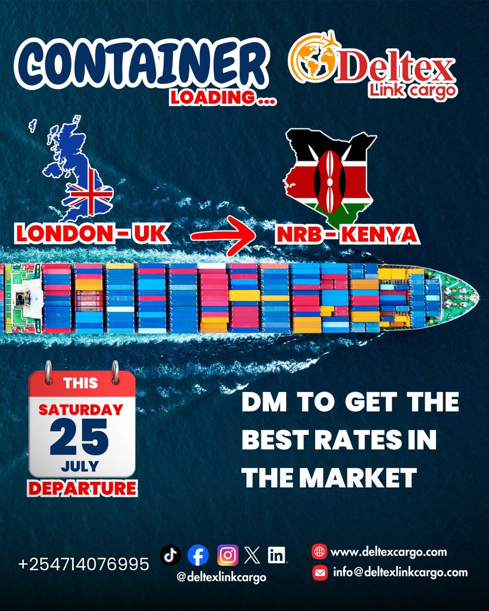 deltexlinkcargo's tweet photo. Our UK 🇬🇧 to Kenya 🇰🇪 container sails this Saturday, 25th July.Whether you’re shipping personal items or business goods,we’ve got you covered.

📩 Message us today to reserve your space and get the best shipping rates!

#ShipWithDeltex #UKtoKenya #CargoShipping #ReliableLogistics https://t.co/i8lxdfZczt