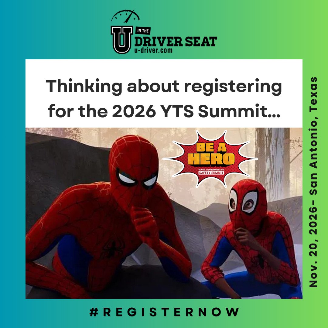 UDriverSeat's tweet photo. 🕷️🦸 Ready to be a hero?

Join college students, traffic safety professionals, and advocates from across the country at the 2026 Youth Transportation Safety Summit.

💚 Register today and help drive change.

📅 Nov. 20 | San Antonio, TX

https://t.co/dLS2q6qsdj https://t.co/QdKkbWGg2E