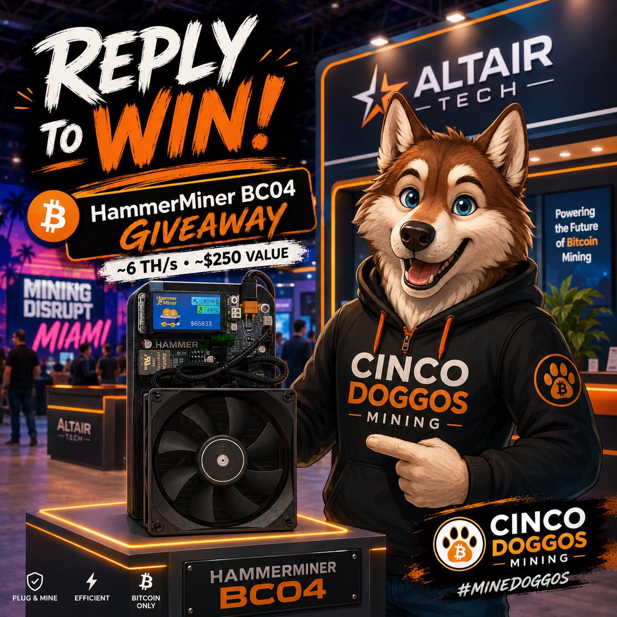 CincoDoggos's tweet photo. 🎉 Mining Disrupt Miami Giveaway! 🎉

Win a HammerMiner BC04 Bitcoin miner, hashing at ~6 TH/s and valued around $250.

To enter:
✅ Follow @cincodoggos
✅ Like this post
✅ Reshare this post
✅ Reply below

One lucky reply wins! ⚒️₿ https://t.co/t59YFBabn4