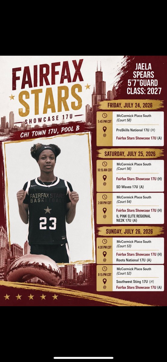 Jaelasprs's tweet photo. 2026 Nike Tournament of Champions FairFax Stars 17U Showcase Game Schedule. #chicago #co27 https://t.co/qRZr063Te6