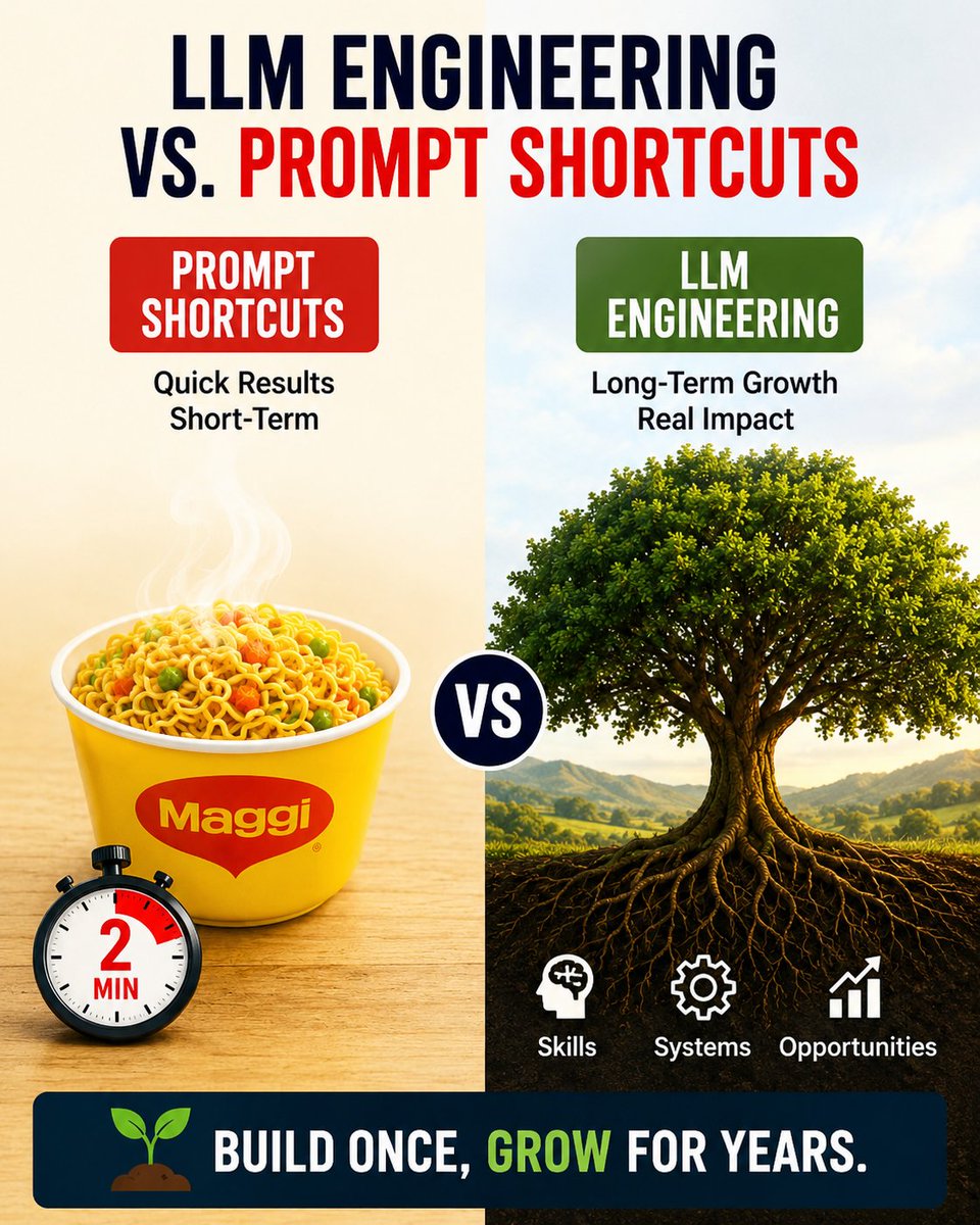 sourabhkmr64's tweet photo. Prompt Shortcuts vs LLM Engineering
.
1. Prompt Shortcuts = Maggi
Quick results
Short-term advantage
2. LLM Engineering = Tree
Strong foundation
Takes time to grow
Creates long-term opportunities
#PromptShortcuts #llmengineering #AIProducts #AIAgents #RAGSystems https://t.co/gTABVeyraN