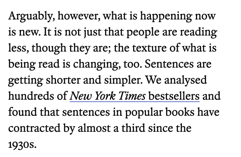 pensandpoison's tweet photo. I was once told by a literary agent to cut down all my sentences over 15 words because they cause readers to “concentrate too hard.”

In case you’re wondering, the sentence above is 25 words long.

Yes, that’s how bad it is. https://t.co/97Pgi3Rvx2