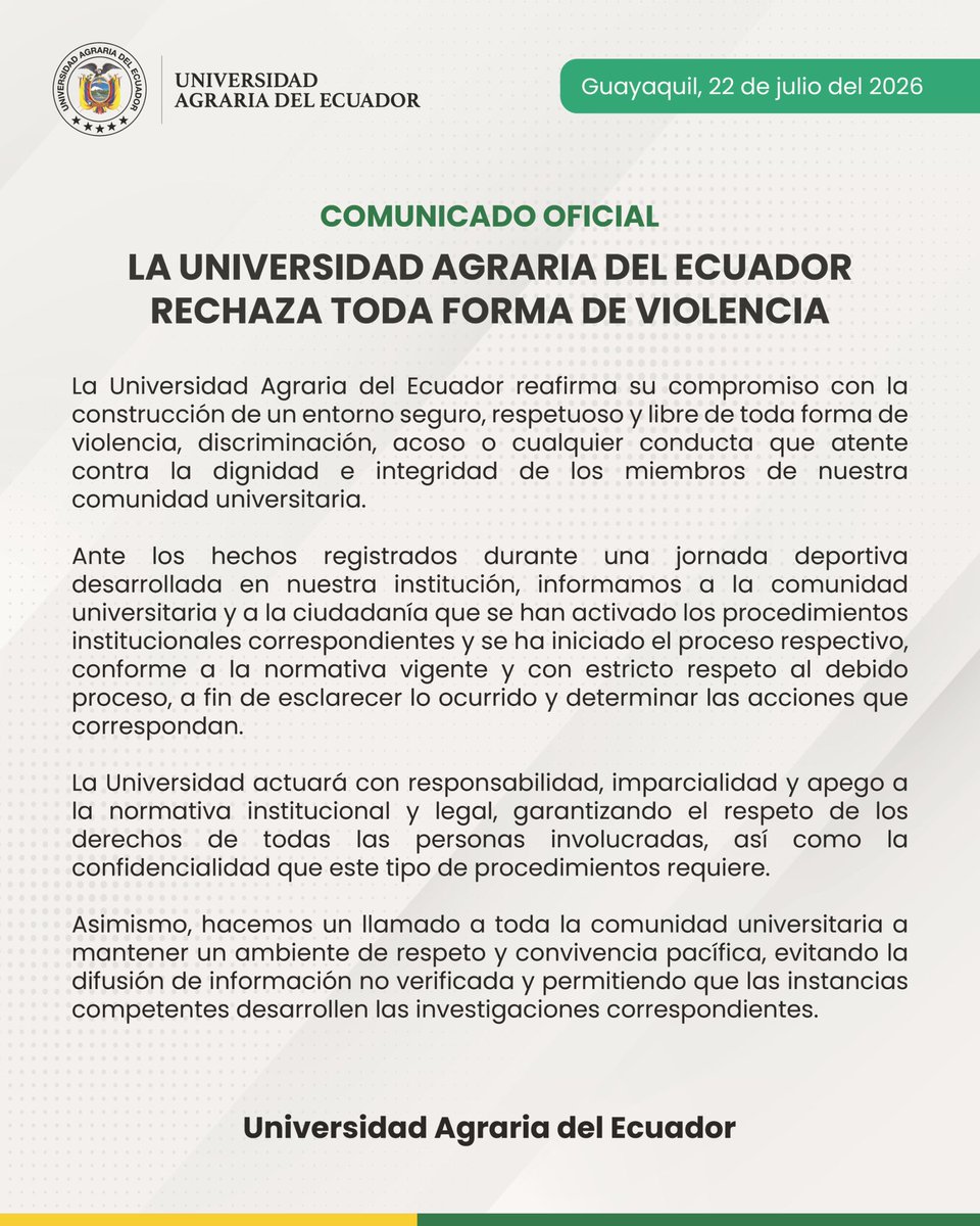 ecuainm_oficial's tweet photo. ‼️#URGENTE
La Universidad Agraria del Ecuador informó que activó sus procedimientos institucionales para esclarecer hechos ocurridos durante una jornada deportiva. La institución rechazó toda forma de violencia, discriminación y acoso, y señaló que el proceso se desarrollará con respeto al debido proceso y a los derechos de las personas involucradas.