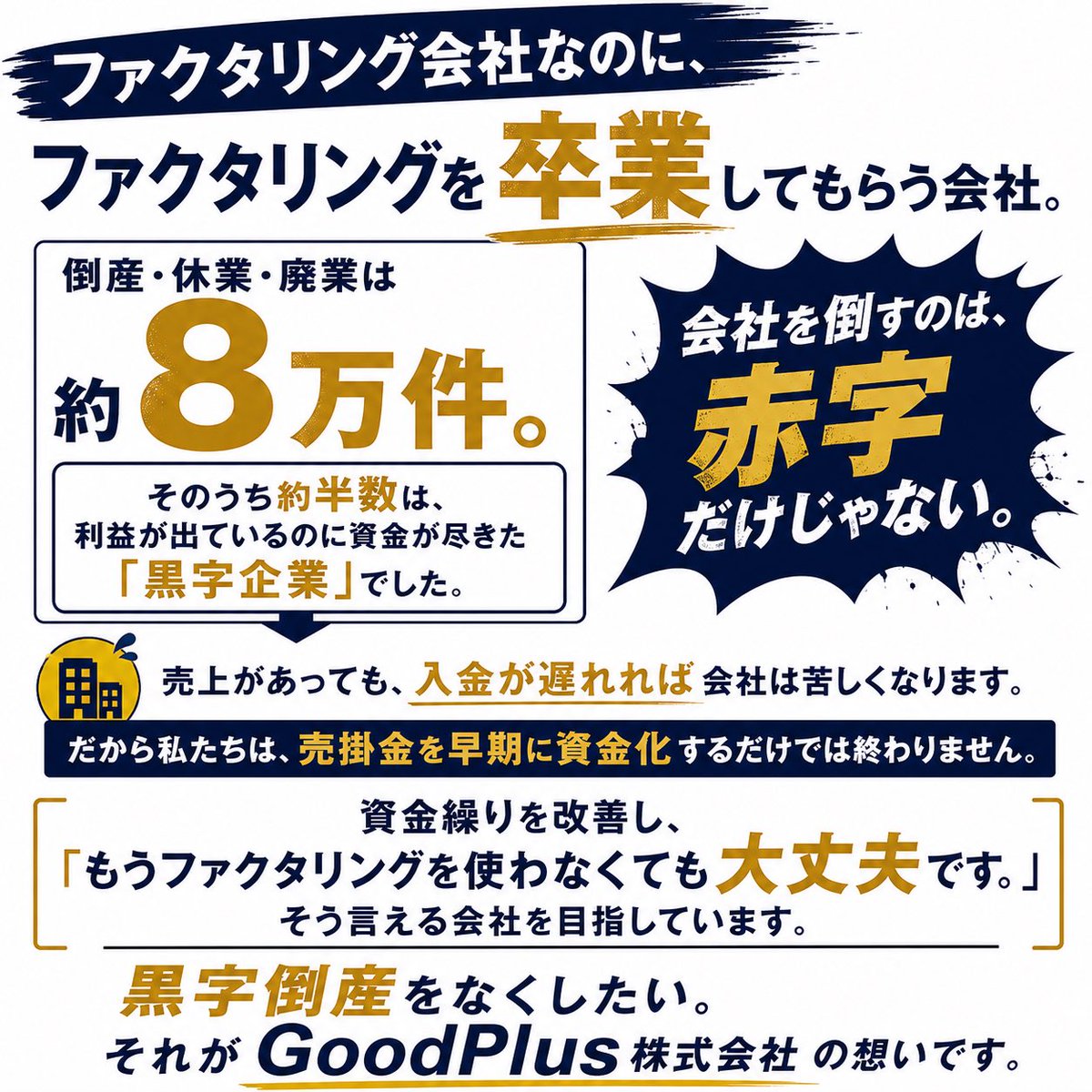 GoodPlus_'s tweet photo. ファクタリング会社なのに、
ファクタリングを卒業してもらう会社。
倒産・休業・廃業は約8万件。

その約半数は、
**利益が出ているのに資金が尽きた「黒字企業」**でした。

会社を倒すのは、
赤字だけではありません。

「入金まで待てない。」

それが黒字倒産の原因になることがあります。

だから私たちは、
売掛金を早期に資金化するだけでは終わりません。

資金繰りを改善し、
経営を立て直し、

「もうファクタリングを使わなくても大丈夫です。」

そう言える日まで伴走します。

黒字倒産をなくしたい。

それが、GoodPlus株式会社の想いです。