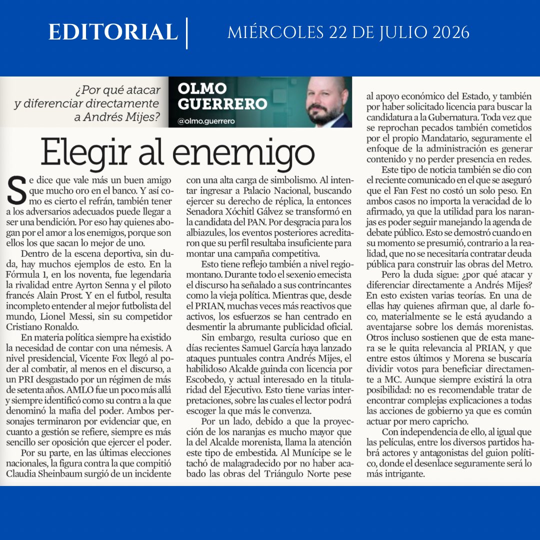 olmo_guerrero's tweet photo. En política, elegir al adversario también comunica.

Los recientes señalamientos entre Samuel García y Andrés Mijes abren una pregunta interesante:

¿Se trata de una confrontación política o de una estrategia para influir en la agenda pública rumbo a las próximas elecciones? https://t.co/0CP5Ta1aw3