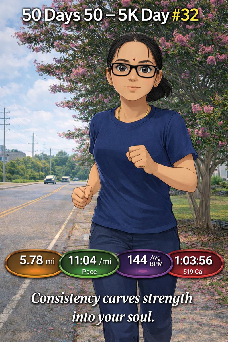 Jayalakshm61866's tweet photo. 50 Days 50 – 5K Day #32 🔥  
Consistency carves strength into your soul.
5.78 mi • 11:04 /mi • 144 Avg BPM • 1:03:56 • 519 cal

#GhibliRun #TrailRun #MarathonRunnersOfAtlanta #HealthyHabits #RunForChange  #Resilience #DailyRun https://t.co/oaonR5nqlK
