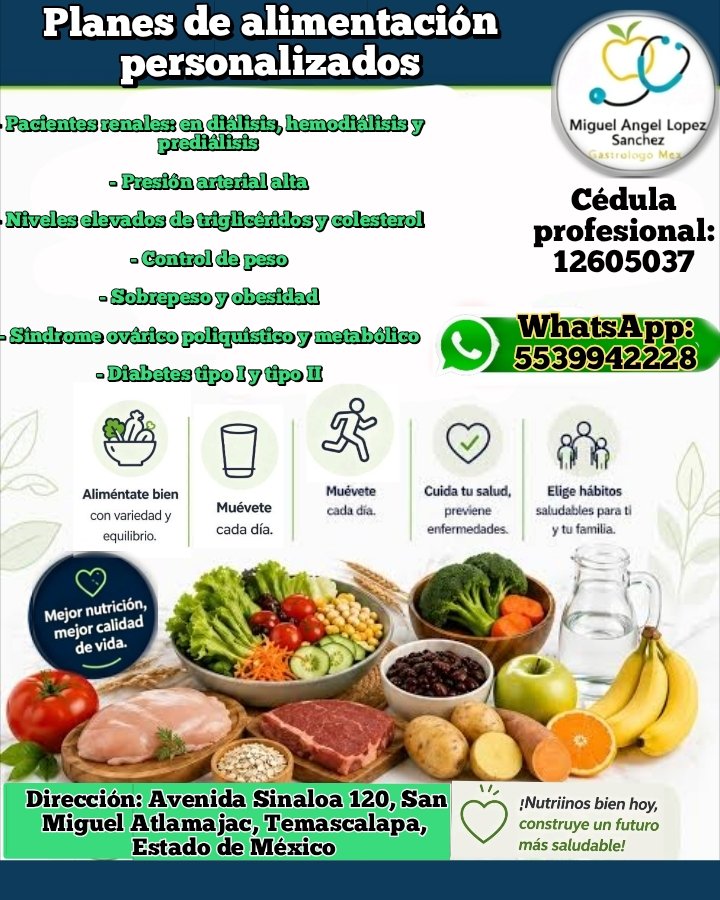 AlexDigital1993's tweet photo. Planes de alimentación personalizados
Whatsapp:5539942228
- Dirección: Avenida Sinaloa 120, San Miguel Atlamajac, Temascalapa, Estado de México-
- #Nutricion
- #Salud
- #SanMiguelAtlamajac
- #AlexDigital https://t.co/UpWEyuF10V