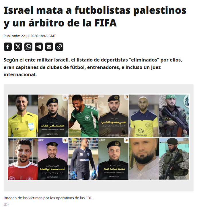 ActualidadRT's tweet photo. Israel confirmó este miércoles el asesinato de "12 futbolistas gazatíes", quienes fueron "eliminados" durante "ataques estratégicos de las Fuerzas de Defensa de Israel (FDI)" https://t.co/D8nGnDbM7B