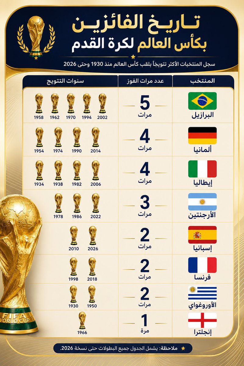DMalammar's tweet photo. تاريخ أبطال كأس العالم لكرة القدم
 (1930–2026)، سجل المنتخبات الأكثر تتويجاً بكأس العالم عبر التاريخ
#كاس_العالم_٢٠٢٦ https://t.co/VTyv29pVrA