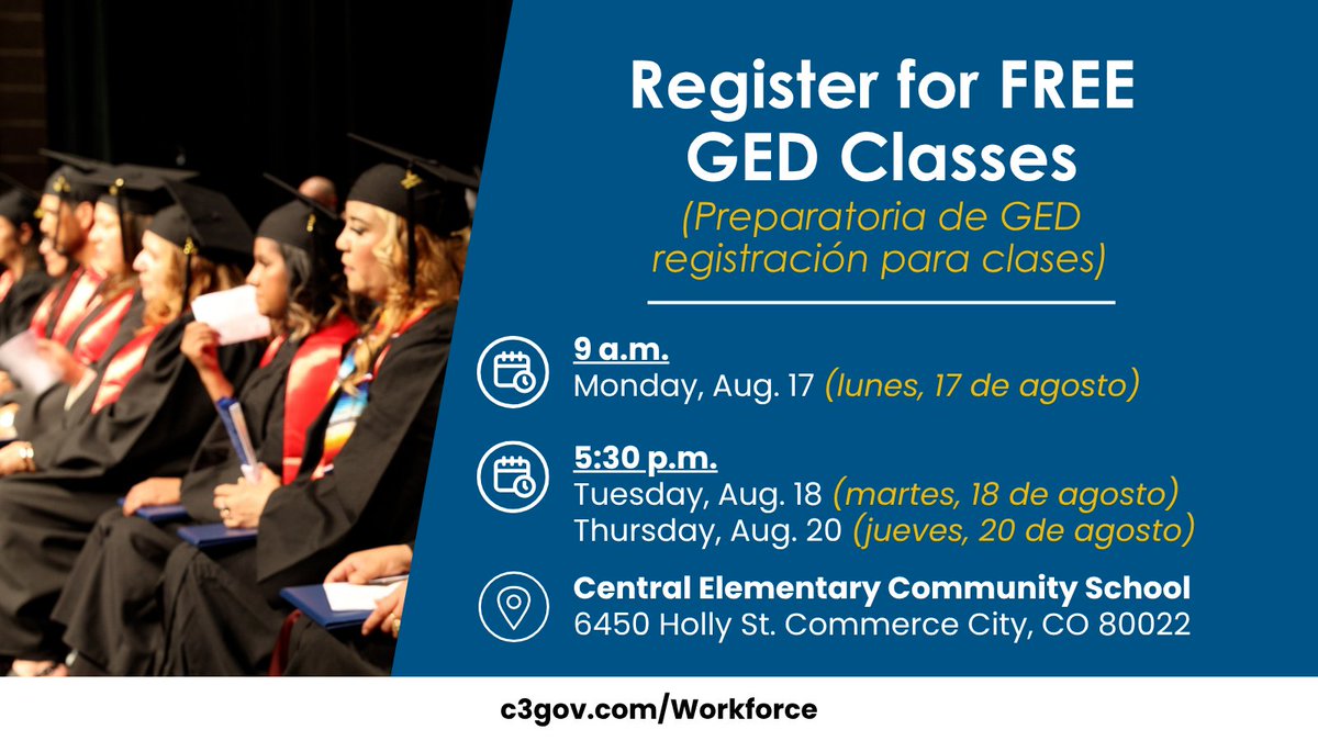 CommerceCityCO's tweet photo. In-person registration for our FREE GED classes (w/
@msudenver) begins next week!

🕠 Mon., Aug. 17 at 5:30 pm
🕘 Tues., Aug. 18 at 9 am
🕠 Thurs., Aug. 20 at 5:30 pm

📍 Central Elementary Community School

Classes begin Aug. 24. Learn more at https://t.co/zka12XTzyD https://t.co/2gLYBIui5o