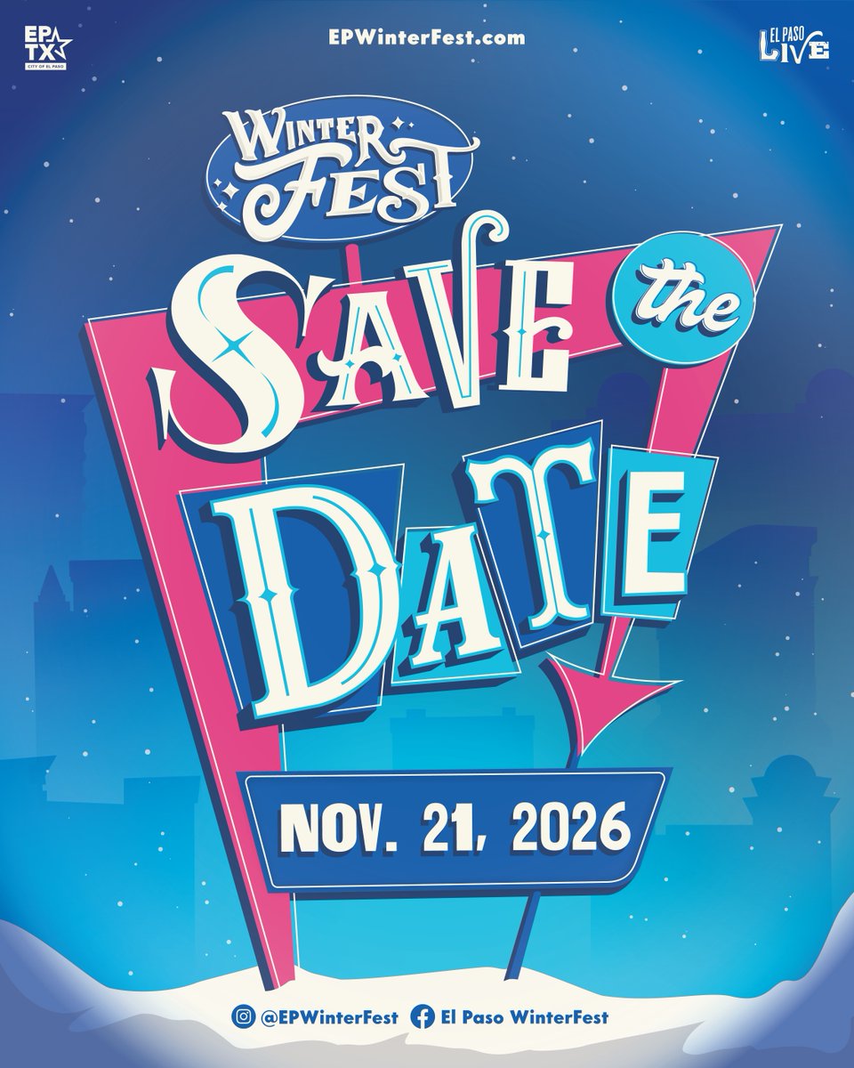 ElPasoTXGov's tweet photo. El Paso WinterFest returns for its 2026 season, lighting up downtown from November 21 to January 3! To our potential vendors, local talent, and parade participants: Stay tuned! We'll be announcing application opportunities soon. Visit https://t.co/c3iW5K0LPH for updates. https://t.co/8mqHFhDTfy
