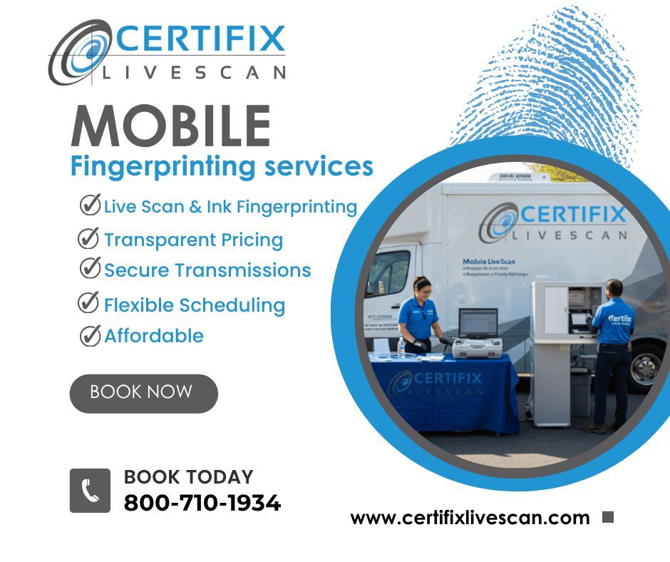 Certifix's tweet photo. 📍We come to YOU! Introducing our Mobile Live Scan Service.
Skip the trip — our certified technicians can bring professional fingerprinting services directly to your home, office, or job site. 

📲 Ready to book your mobile appointment? Give us a call today!

#certifixilivescan https://t.co/QzTULSCccL