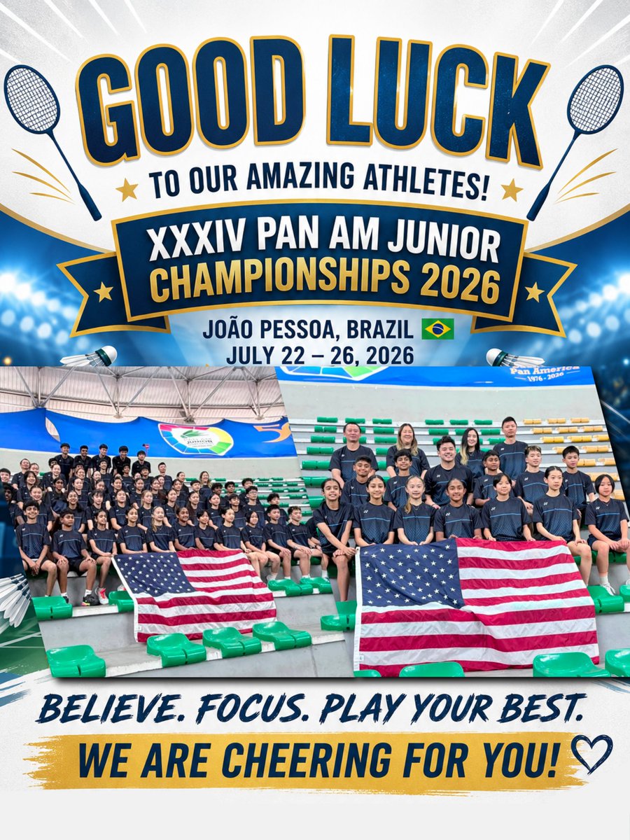 trainingatpbc's tweet photo. GOOD LUCK to our incredible students, Aayush, Claire, Ansen! 🏸🇺🇸

The XXXIV Pan Am Junior Championships 2026 are officially UNDERWAY today in João Pessoa, Brazil! We are bursting with pride as you step on court to represent the USA. https://t.co/CFijvQ5dEg