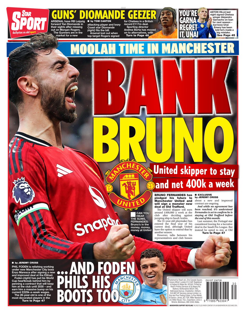 AndyGibsonTV's tweet photo. "BANK BRUNO"
@CrossyDailyStar for @DailyStar_Sport

Bruno Fernandes has agreed to pledge his future to Manchester United.
It is expected to be the last big contract of his footballing career.

#DailyStar
#TomorrowsPapersToday