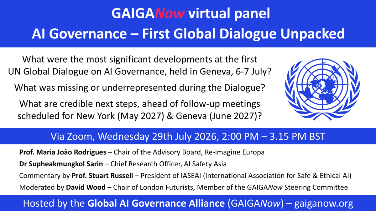 dw2's tweet photo. What were the most significant developments at the first UN Global Dialogue on AI Governance, held in Geneva, 6-7 July? What was missing or under-represented during the Dialogue? Hear these and other questions discussed by a panel of expert participants, in this @GAIGANow event https://t.co/Jx9G7jp3mI