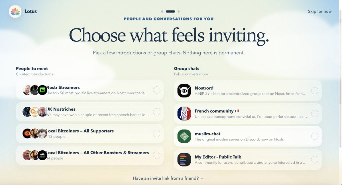 DrShift3's tweet photo. Onboarding feels Premium meanwhile..
We´ll ship a New & Comfy `Welcome` tomorrow.
#FollowPacks by @callebtc #Nip51 #Nip29 #Groups #Lotus
@HelloFromLotus @PratikPatel_227 https://t.co/fm0F39KYCl
