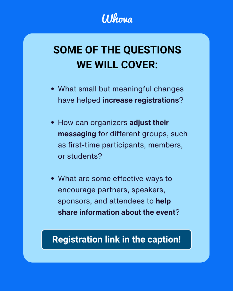 WhovaSupport's tweet photo. Less than a week until our Event Insider panel!

What: “Growing Event Attendance: Small Changes That Boost Registrations”

When: July 29th @ 8AM PT / 11 AM ET

Panelists: Heather Bremer, Deb Doxey, and Gayle Mitchell 

Sign up here: https://t.co/xcrVhAk3AC https://t.co/f1i8lTcGzX
