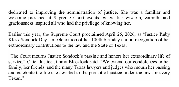 SupremeCourt_TX's tweet photo. Supreme Court of Texas Mourns the Passing and Honors the Life of Justice Ruby Kless Sondock.
https://t.co/wpSjz6iBIU https://t.co/yzZu5WfQSA