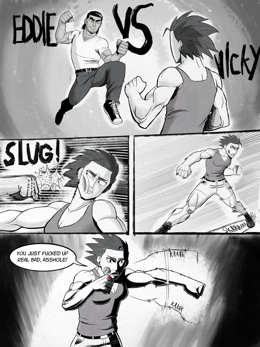 RDraws18's tweet photo. Eddie Vs. Vicky Page 1.
Practicing my fight scenes by drawing 2 of my OCs duking it out in a white/grey void of nothingness. Drawn in Procreate. https://t.co/0jSzKGSqFB