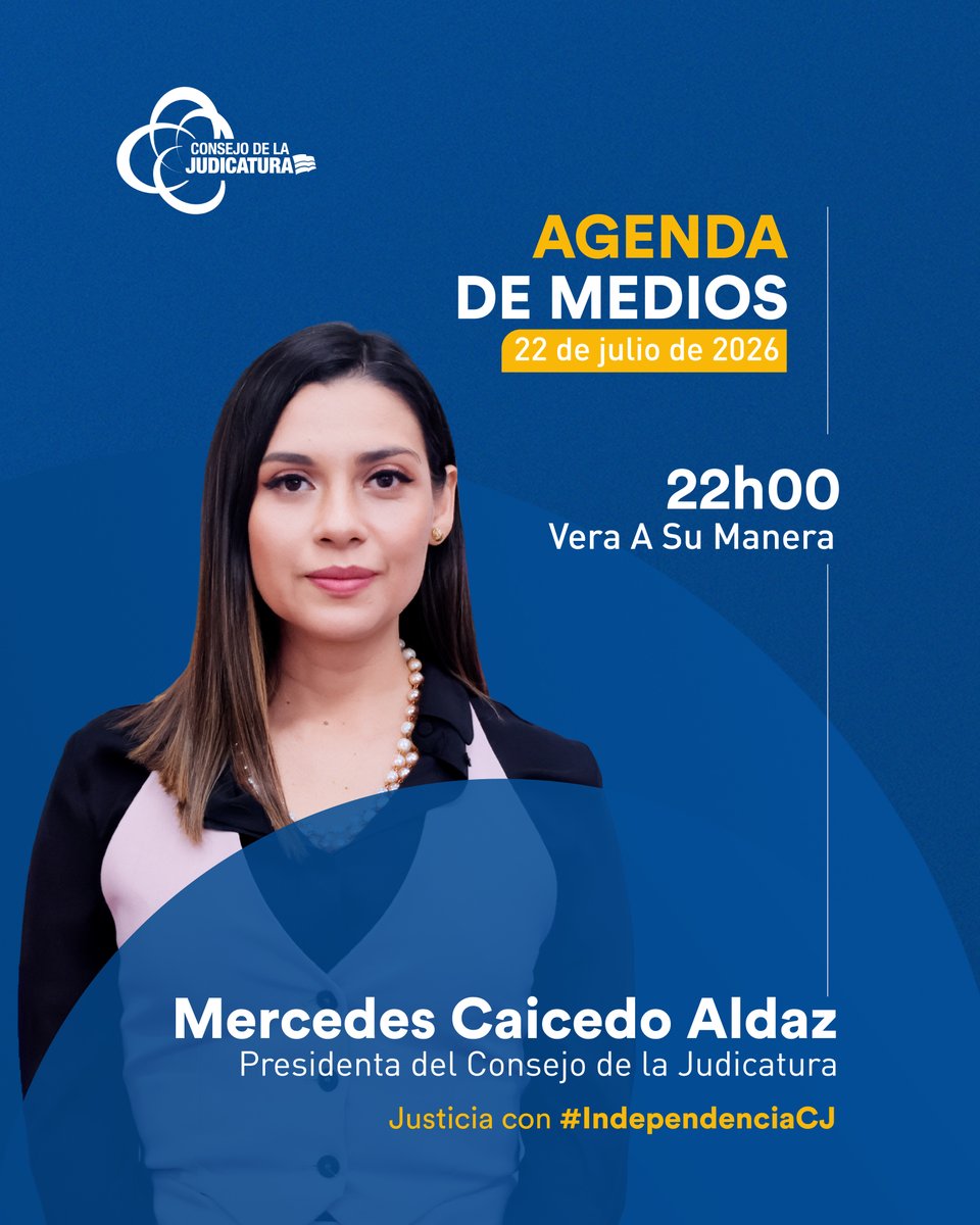 CJudicaturaEc's tweet photo. #CJEnMedios | Conoce la agenda de medios que mantendrá la presidenta Mercedes Caicedo Aldaz (@mechascaicedo).       

🗓️ Miércoles, 22 de julio
⏰ 22h00
📺 @Vera_ASuManera 

#JusticiaConIndependenciaCJ⚖️ https://t.co/z6CdtweYeM