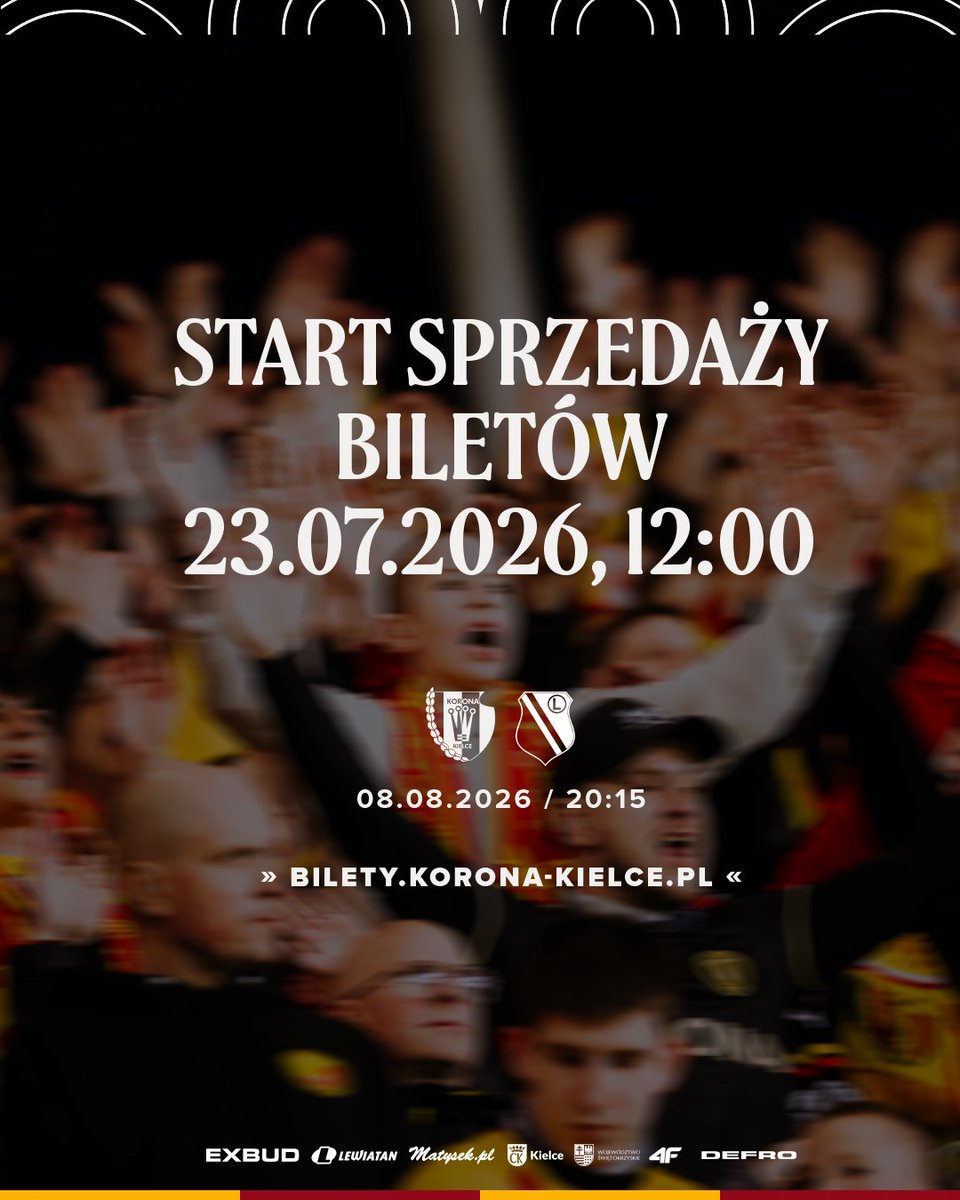 Korona_Kielce's tweet photo. Dziś o godz. 12:00 ruszy sprzedaż biletów na mecz 3. kolejki @_Ekstraklasa_, w którym podejmiemy na EXBUD Arenie @LegiaWarszawa ⚔️

Widzimy się na trybunach i wspólnie #IdzieMYpoWięcej! 🔥

🎟️👉 https://t.co/7V3NsGtWUa https://t.co/t9gi2nNi6f