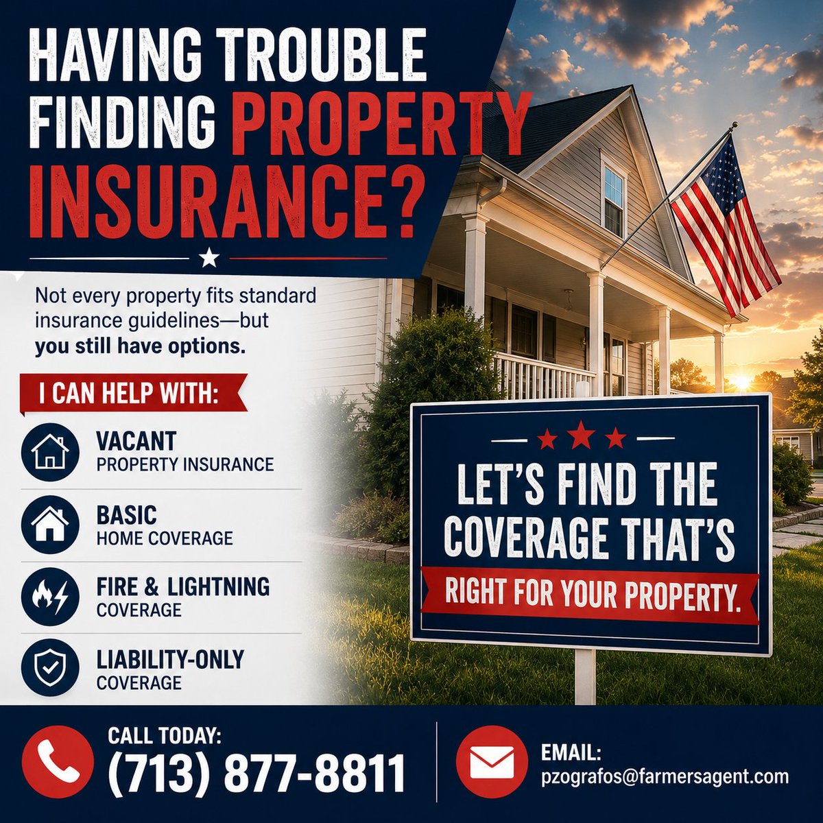 ZografosPeter's tweet photo. Having Trouble Finding Property Insurance?

Not every property fits standard insurance guidelines—but you still have options.

I can help with:
• Vacant Property Insurance
• Basic Home Coverage
• Fire &amp; Lightning Coverage
• Liability-Only Coverage

Let's find the coverage... https://t.co/qg8I7hWhOr