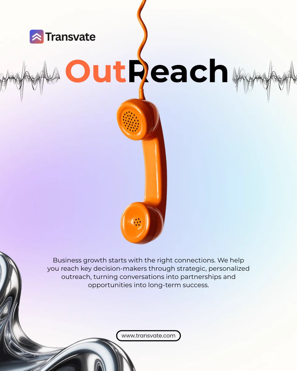 The best opportunities often start with a simple conversation.

Many businesses have an incredible product or service, but the right people simply don't know they exist.

That's where strategic outreach makes the difference.

Outreach isn't about sending hundreds of generic messages and hoping for the best. It's about reaching the right decision-makers with a personalized approach that starts real conversations.

When done right, outreach can help you:

Connect with qualified prospects
Build meaningful business relationships
Create a consistent sales pipeline
Open doors to new opportunities
Grow your business with confidence

At Transvate, we believe every successful partnership starts with a conversation. Our outreach strategies are designed to help businesses connect with the people who matter most.

Because opportunities don't always come knocking—you have to start the conversation.

#Outreach #BusinessDevelopment #LeadGeneration #B2BMarketing #SalesStrategy #DigitalMarketing 
