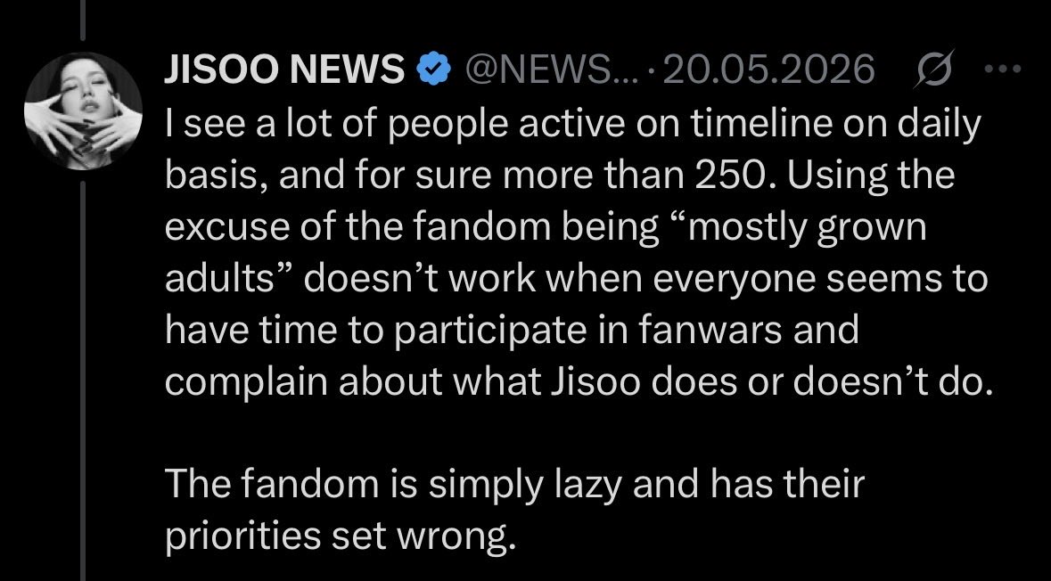 impuppe1's tweet photo. whining and accusing fans of being lazy and unproductive and at the same time attacking and kicking people out of the said fandom. make up your mind, what do you want? Jisoo’s fans will be the end of her success https://t.co/Evcja7oIrB