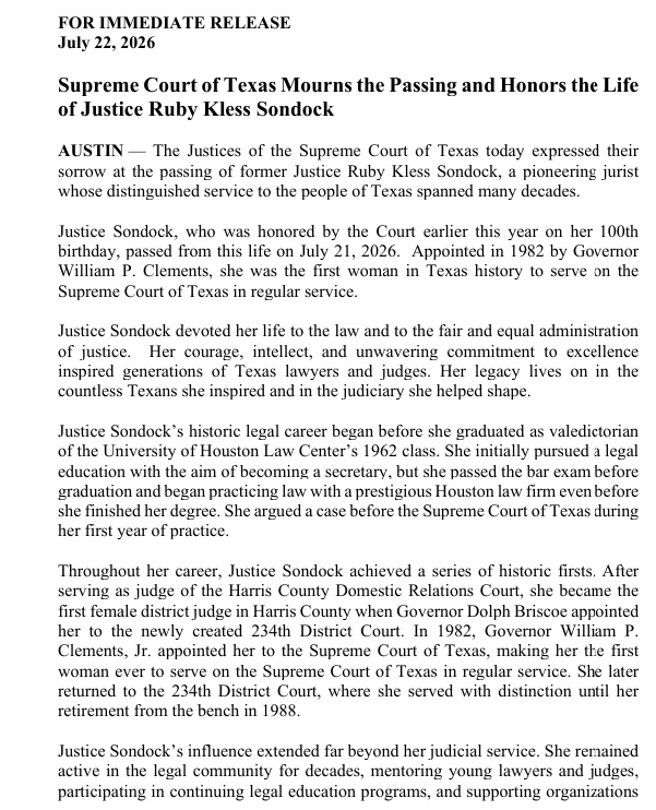 SupremeCourt_TX's tweet photo. Supreme Court of Texas Mourns the Passing and Honors the Life of Justice Ruby Kless Sondock.
https://t.co/wpSjz6iBIU https://t.co/yzZu5WfQSA
