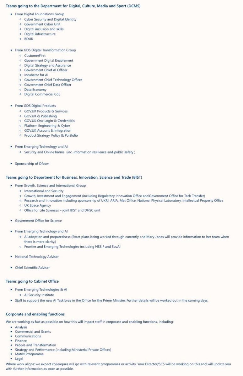 rowlsmanthorpe's tweet photo. If you're wondering why splitting up DSIT is such a big deal, take a look at this internal document parcelling out its different responsibilities (which still doesn't answer every question about roles)

This is why this kind of thing can take anywhere from 6 months to 2 years https://t.co/LUbVHZwrMw