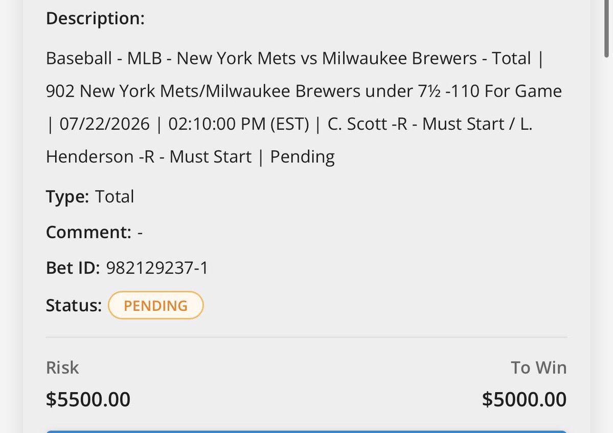 Bestgamblr's tweet photo. I know a lot of bookies are cutting you off by now 

$10,000 Mets/Brewers under 7.5✅

13-2 L15 MLB plays https://t.co/AqyvshOgqY