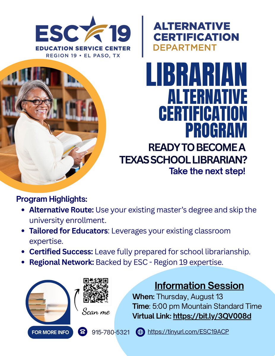 Teresa_Hinojos's tweet photo. LACe lets you earn your librarian certification without leaving your campus or town - all sessions are face-to-face via Zoom. Perfect for educators anywhere in Texas ready to take the next step. Applications close end of August. 💻📚
@R3ESC @Region5ESC @Region9ESC @ESCRegion8 @region13 @Region4ESC @Region7ESC @ESCRegion17 @Region15ESC @Region10ESC @escregion6 @RegionOneESC @ESCRegion11 @escregion12 @ESCRegion20 @ESCRegion2 @Region16ESC @ESCRegion19 @SocorroISD @YsletaISD @ELPASO_ISD @ClintISD @CanutilloISD @FabensISD @SanElizarioISD @TornilloISD @_AnthonyISD #WeR19 @EHinojosESC19 @Liz_C_Bonilla @Laura_Widner5