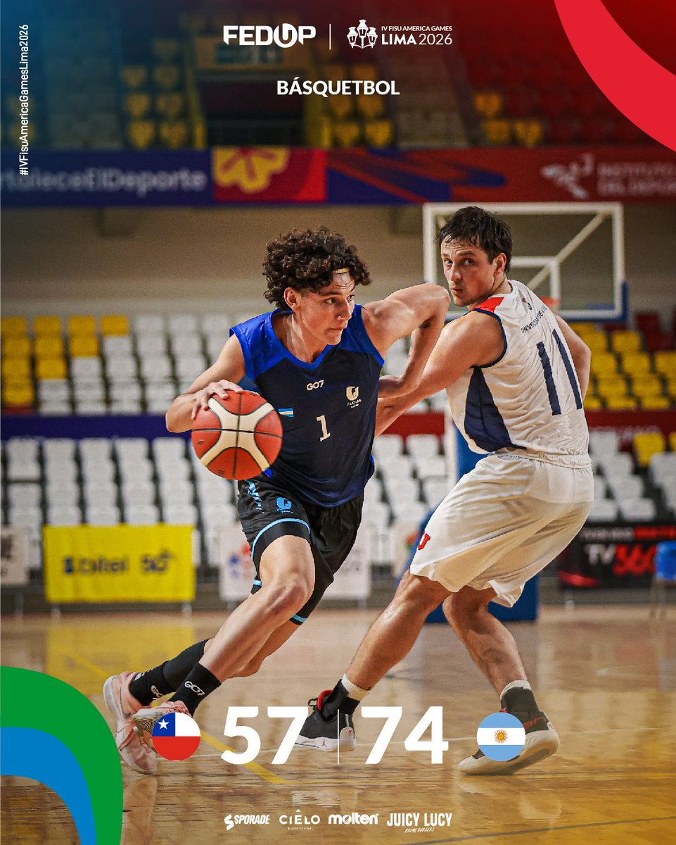 perufedup's tweet photo. ¡Resultado en los IV FISU America Games! 🏀⚡

En el duelo entre Chile y Argentina, el equipo argentino se quedó con el triunfo con un marcador final de 74 a 57.

#FISUAmericaGamesLima2026 #Básquetbol
#BásquetbolMasculino  #Chile  #Argentina https://t.co/AoibBihQn8