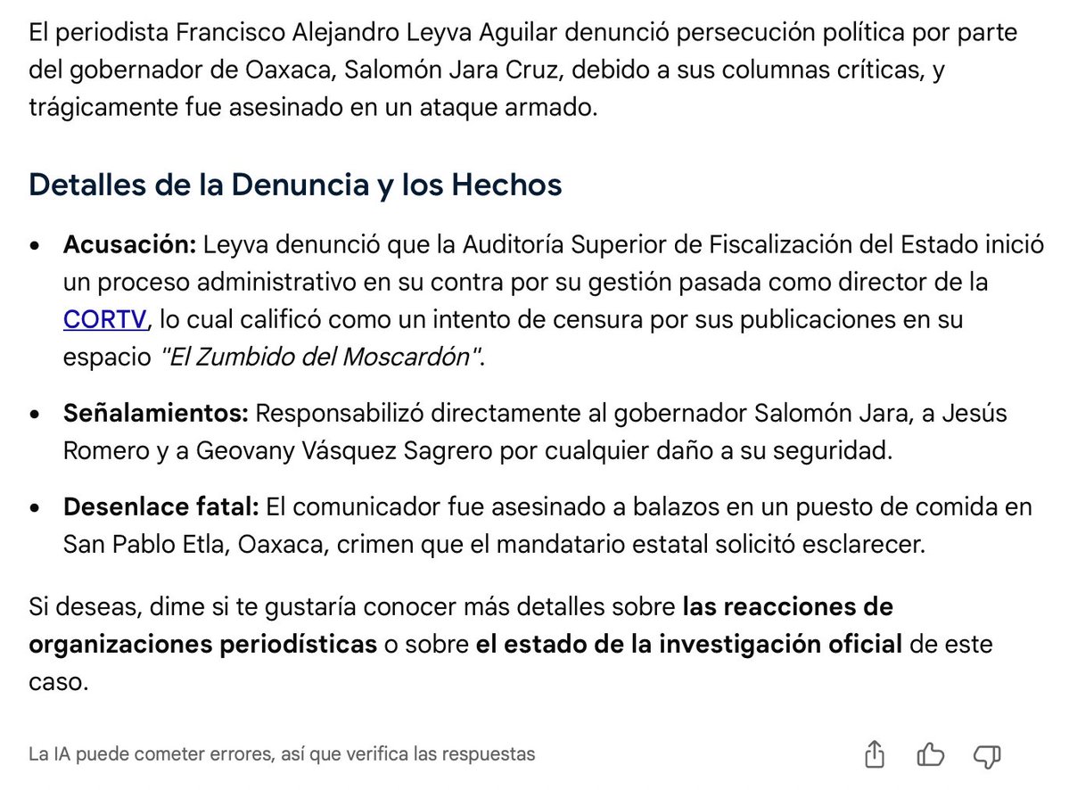 CarlosTorresF_'s tweet photo. Le pregunté a la IA 🤖 sobre el asesinato del periodista en Oaxaca Francisco Leyva Aguilar y si había recibido amenazas.

Me respondió que el gobernador de Morena @salomonj si habría tenido hostilidades con el periodista y ex director de @cortv. 

Ya había denunciado censura y habría responsabilizado al gobernador de la 4T por cualquier ataque.

Saquen sus conclusiones.