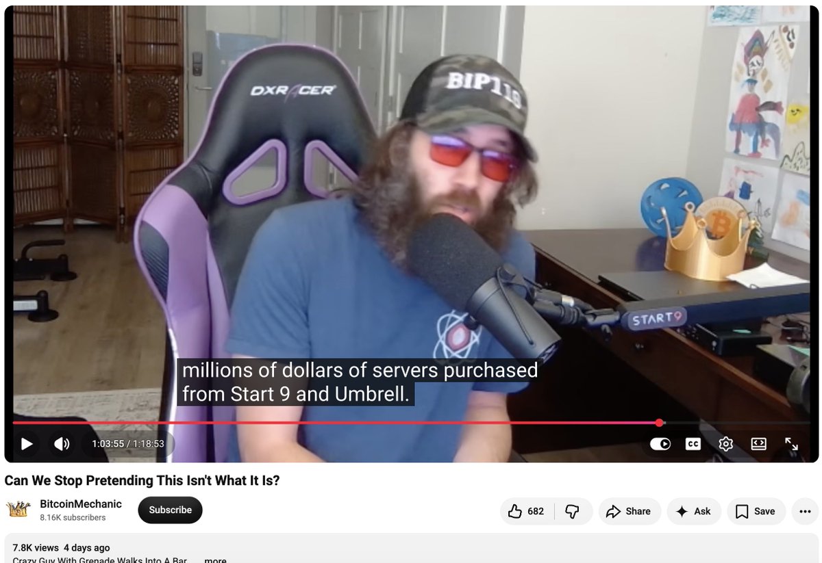 herogamer21btc's tweet photo. Mechanics (@GrassFedBitcoin) own words:

".. I'm a shareholder there. I know how much they made selling servers in the past quarters. I read their reports. They've sold more servers than they've ever sold in the past.."

".. millions of dollars of servers purchased from Start9.."

Mechanic's stream: https://t.co/uTyQRqJDt7