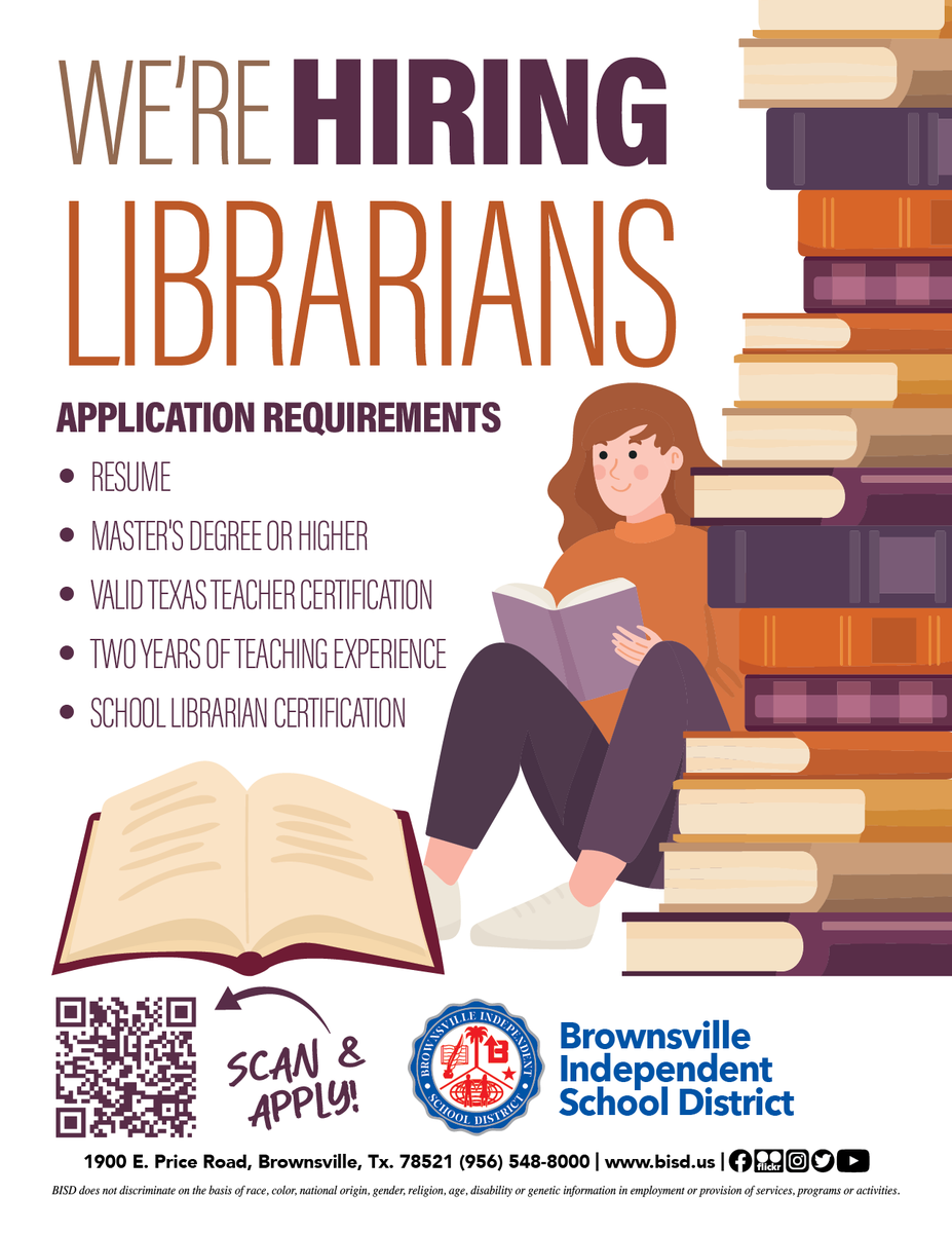 BrownsvilleISD's tweet photo. We're Hiring Librarians!

Join the Brownsville ISD team and inspire a lifelong love of reading while making a difference in the lives of students every day. https://t.co/9hjjjMuSdF