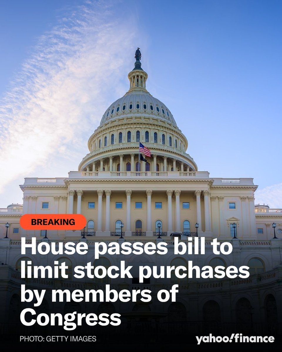 YahooFinance's tweet photo. The House has passed a bill placing some limits on congressional stock trading. https://t.co/Xb2mKHbUpa