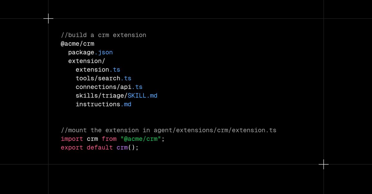 evedev_'s tweet photo. extensions package capabilities that any eve agent can import and use:

▪️ A browser-use extension can include tools for navigating a site
▪️ A memory extension can use hooks to capture context and tools to recall it
▪️ A self-improvement extension can pair hooks with dynamic instructions

Here is how it works 👇

1. Build and publish an extension:
𝚗𝚙𝚡 𝚎𝚟𝚎@𝚕𝚊𝚝𝚎𝚜𝚝 𝚎𝚡𝚝𝚎𝚗𝚜𝚒𝚘𝚗 𝚒𝚗𝚒𝚝 𝚖𝚢-𝚌𝚛𝚖

Define capabilities mirroring the agent directory:
@𝚊𝚌𝚖𝚎/𝚌𝚛𝚖
├── 𝚙𝚊𝚌𝚔𝚊𝚐𝚎.𝚓𝚜𝚘𝚗
└── 𝚎𝚡𝚝𝚎𝚗𝚜𝚒𝚘𝚗/
⠀⠀⠀├── 𝚎𝚡𝚝𝚎𝚗𝚜𝚒𝚘𝚗.𝚝𝚜
⠀⠀⠀├── 𝚝𝚘𝚘𝚕𝚜/𝚜𝚎𝚊𝚛𝚌𝚑.𝚝𝚜
⠀⠀⠀├── 𝚌𝚘𝚗𝚗𝚎𝚌𝚝𝚒𝚘𝚗𝚜/𝚊𝚙𝚒.𝚝𝚜
⠀⠀⠀├── 𝚜𝚔𝚒𝚕𝚕𝚜/𝚝𝚛𝚒𝚊𝚐𝚎/𝚂𝙺𝙸𝙻𝙻.𝚖𝚍
⠀⠀⠀└── 𝚒𝚗𝚜𝚝𝚛𝚞𝚌𝚝𝚒𝚘𝚗𝚜.𝚖𝚍

Run 𝚎𝚟𝚎 𝚎𝚡𝚝𝚎𝚗𝚜𝚒𝚘𝚗 𝚋𝚞𝚒𝚕𝚍 and publish it to npm.

2. Install and mount the extension on any eve agent
𝚗𝚙𝚖 𝚒𝚗𝚜𝚝𝚊𝚕𝚕 @𝚊𝚌𝚖𝚎/𝚌𝚛𝚖

Mount it in agent/extensions:
// 𝚊𝚐𝚎𝚗𝚝/𝚎𝚡𝚝𝚎𝚗𝚜𝚒𝚘𝚗𝚜/𝚌𝚛𝚖.𝚝𝚜
𝚒𝚖𝚙𝚘𝚛𝚝 𝚌𝚛𝚖 𝚏𝚛𝚘𝚖 "@𝚊𝚌𝚖𝚎/𝚌𝚛𝚖";
𝚎𝚡𝚙𝚘𝚛𝚝 𝚍𝚎𝚏𝚊𝚞𝚕𝚝 𝚌𝚛𝚖();