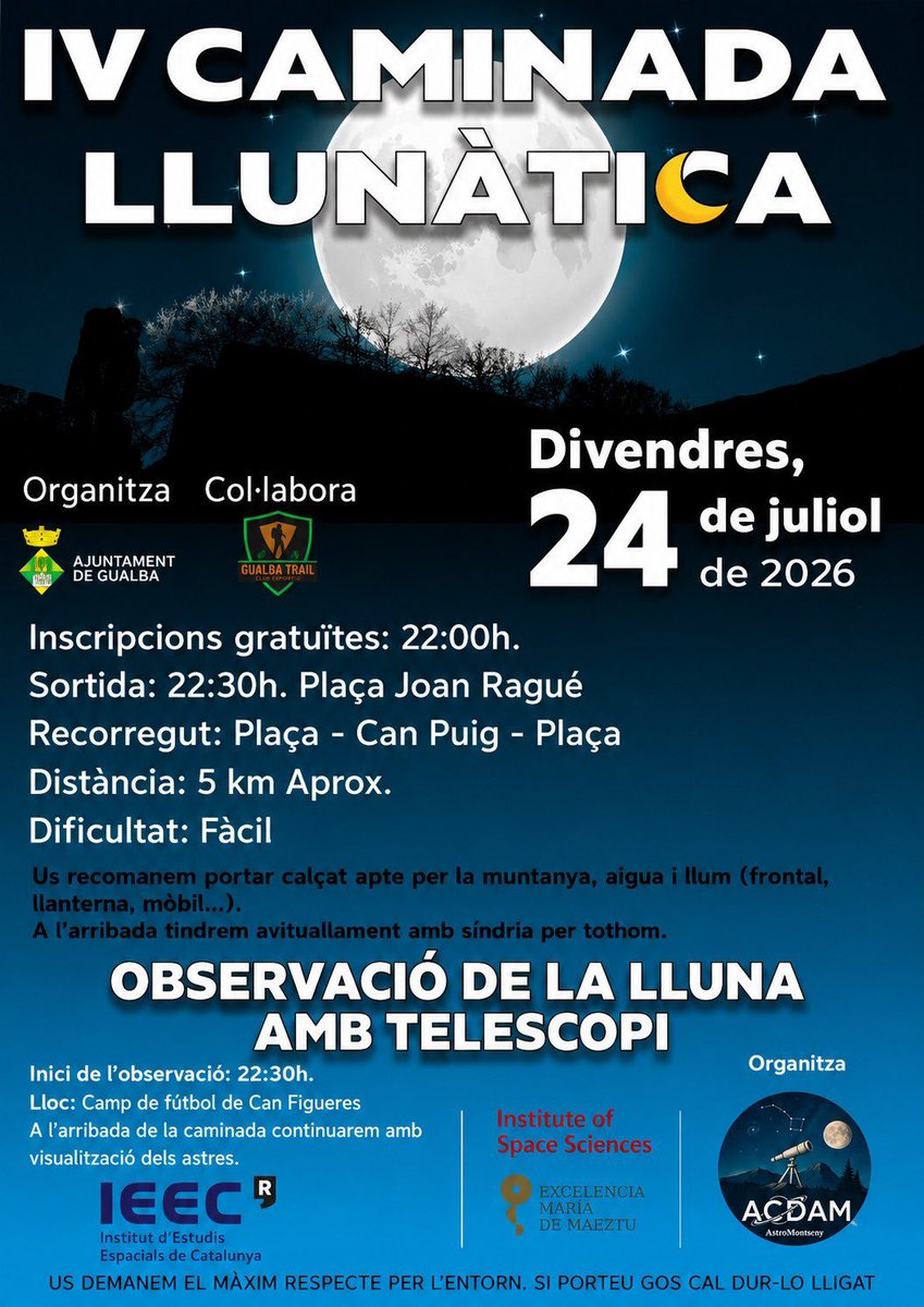 Josep_Trigo's tweet photo. #LLUNA CREIXENT: Aquest divendres 24 la podreu veure en directe des de Gualba amb els telescopis d'@AstroMontseny a partir de les 22h30. Vine a descobrir l'astronomia amb nosaltres:
https://t.co/ROTRKQmMX2 https://t.co/wV3agriZDZ