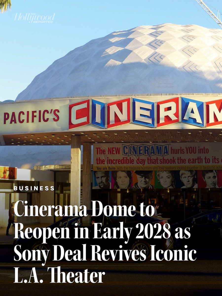 THR's tweet photo. After years of dormancy, Hollywood’s Cinerama Dome is officially getting a new owner.

• Sony Pictures Entertainment has announced plans to restore and reopen the iconic theater, with Alamo Drafthouse Cinema set to operate the location. 

• Renovations will start next month, with a reopening planned for early 2028.

• As part of the deal, Sony will also take over operations of the former ArcLight Theater Hollywood location that sits next door to the Cinerama Dome. The 14-screen theater, which has 35mm and 70mm projection capabilities, will be operated by Alamo Drafthouse, which Sony purchased in 2024.⁠

https://t.co/jsEYUmgfKa