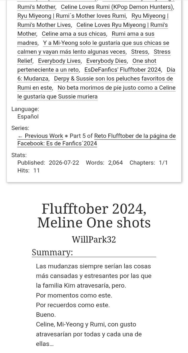 G23Hades's tweet photo. Entonces, ando en un frenesí loco de escritura, es todo lo que dire al respecto...
Está vez, mis más recientes víctimas son las Meline y Rumi otra vez.
Espero que les guste.
#Fanfiction #fanfics #Meline #Rumi #Celine #Kpopdemonhunters #KPDH
https://t.co/92mwEOx0rj https://t.co/wq3MJgDK2f