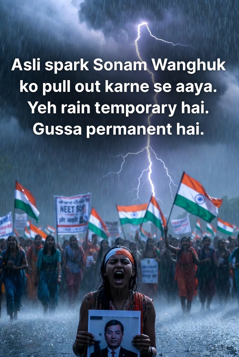 theboombox_club's tweet photo. Asli spark Sonam Wangchuk ko pull out karne se aaya.  Ek sincere activist ko target karne ki koshish ne jo aag jagayi, woh CJP ke stage se nahi - dil se nikal kar aayi. 

Yeh rain temporary hai. Gussa permanent hai.

#SonamWangchuk #JantarMantar #NEETProtest #StudentRevolution https://t.co/MSdNQusUKh