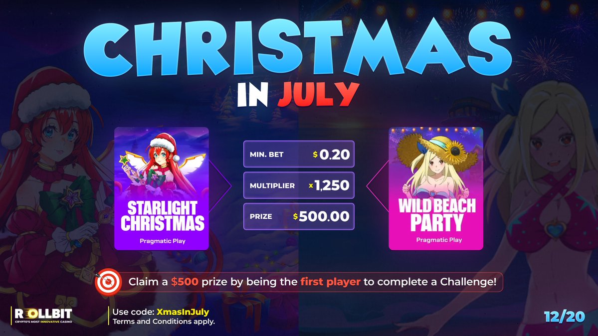 rollbit's tweet photo. This pair of challenges turns a normal $250 win into a $750 payday! 🤑
Be the first player to hit 1,250x on Starlight Christmas or Wild Beach Party to claim a prize. 🎁
Share your spins with #XmasInJuly 🏝️ https://t.co/JU8MzPQfBl