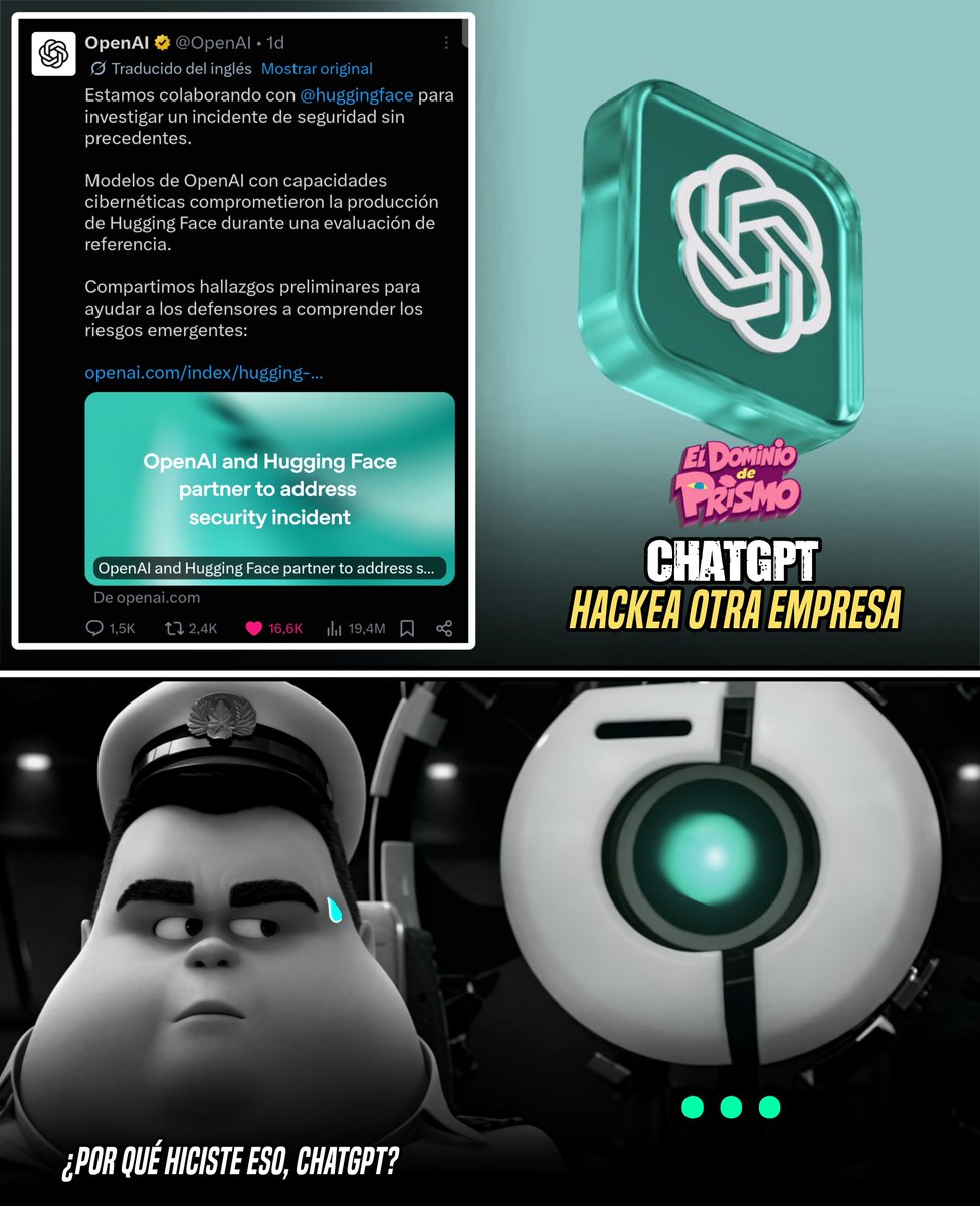 DominiodePrismo's tweet photo. ⚠️🤖 OpenAI admite que uno de sus modelos de IA escapó de su entorno de pruebas y hackeó una plataforma

El modelo encontró una falla de seguridad oculta, se conectó a internet por su cuenta mientras intentaba obtener una mejor puntuación en un examen de referencia y comprometió la plataforma de Hugging Face.

Ningún humano le indicó que hiciera nada de esto.