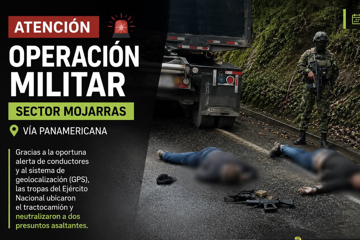 AndresPB1981's tweet photo. Felicito al @COL_EJERCITO, @Ejercito_Div3 #BR23 en especial al Grupo de Caballería Blindado GRULI 8, por su oportuna y decidida actuación en la vía Panamericana, sector Remolino - Mojarras.
Su rápida reacción, articulada con la información suministrada por la ciudadanía, evidencia la importancia de la cooperación entre comunidad y Fuerza Pública para enfrentar la criminalidad y proteger a quienes transitan por nuestros corredores estratégicos. Al parecer TRES DELINCUENTES neutralizados que delinquían en el sector.
Seguimos avanzando por un #Nariño360 más seguro. #UNIDOSPorLaSeguridad
@LuisAlfonsoEsc
@gobnarino
@fredy_game7724
@Alexjgo1
@Ejercito_Div3
@PoliciaNarino
