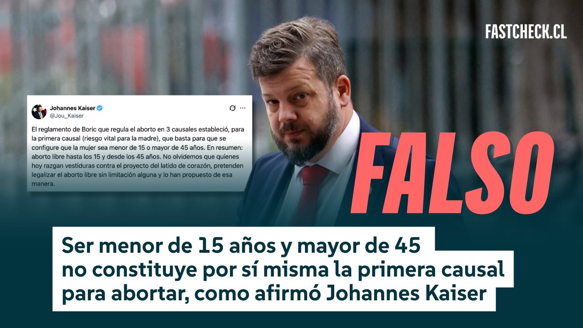 fastcheckcl's tweet photo. 🔎 #FactChecking | Mediante su cuenta de X, Johannes Kaiser aseguró que basta con que una mujer sea menor de 15 o mayor de 45 años para acceder a un aborto libre… esto es ❌#Falso

No te quedes solo con esta bajada 👇
https://t.co/yZ5eykMmVb https://t.co/Ypt3dvHy0M