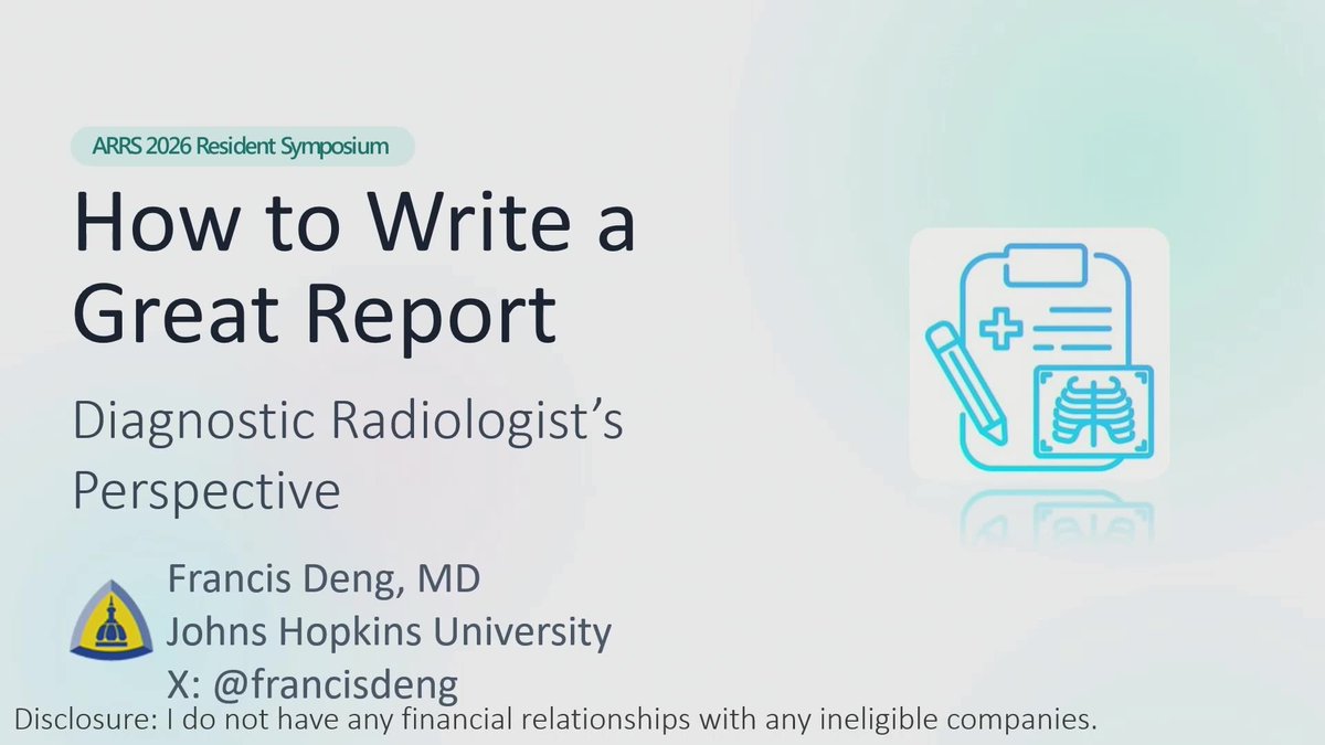 ARRS_Radiology's tweet photo. Many radiologists do not receive formal training on how to write a quality radiology report. This session from ARRS 2026 discusses different perspectives on how to craft an excellent one.

https://t.co/TK1cUokB3l https://t.co/5g5yctmzat