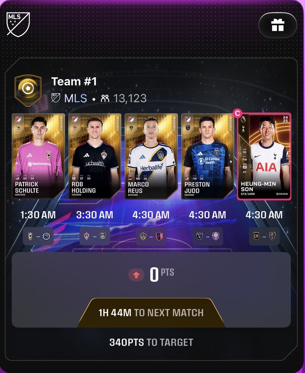 MySorare's tweet photo. The first MySorare lineup is locked in. ✅

🎯 340 points is the target.

Let’s see what these five can do.

Wish me luck. 🤞

#Sorare #MLS https://t.co/LyPUlblHvT