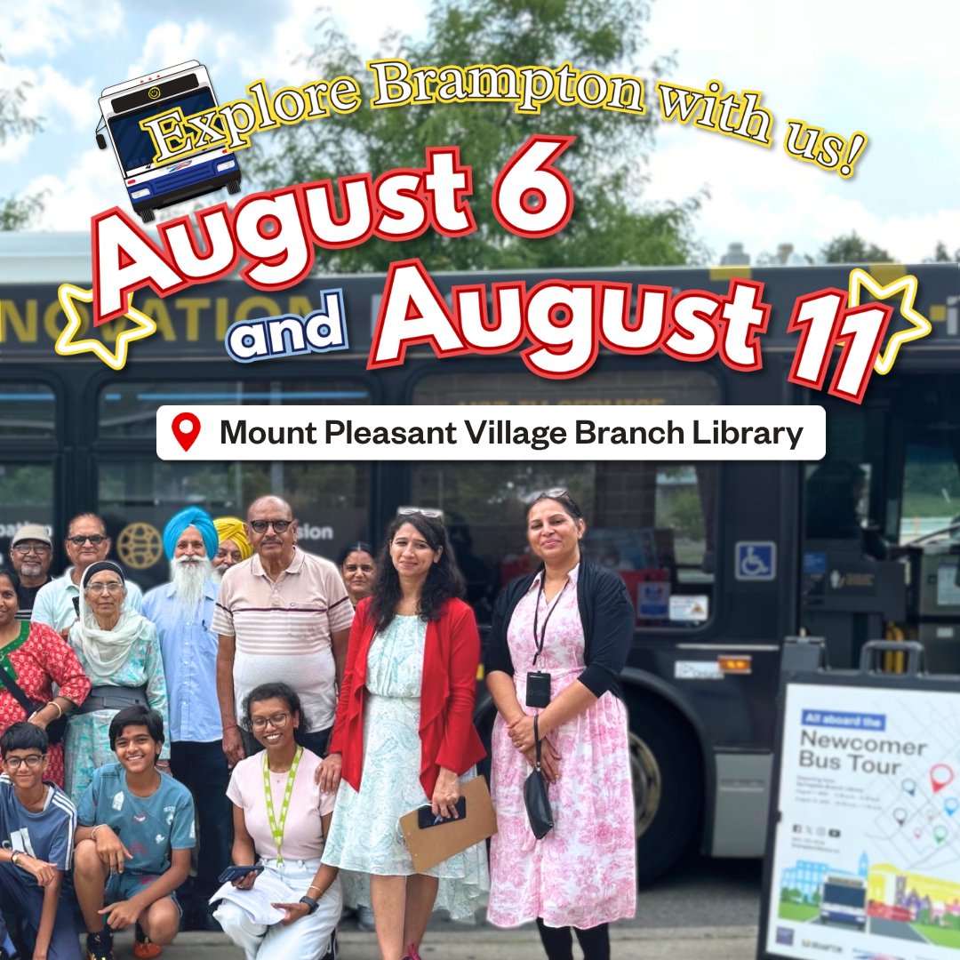 BramptonLibrary's tweet photo. Did someone say... "free bus tour"? 👀 This #summer, we're starting our award-winning 🏆 Newcomer Bus Tour from a NEW LOCATION! ✨

Join us at 📍Mount Pleasant Village on August 6 and 11 before we explore #Brampton! 🏙️

🔗For more details and to register: https://t.co/XBqvxHWUq1 https://t.co/fYzubKNs1M
